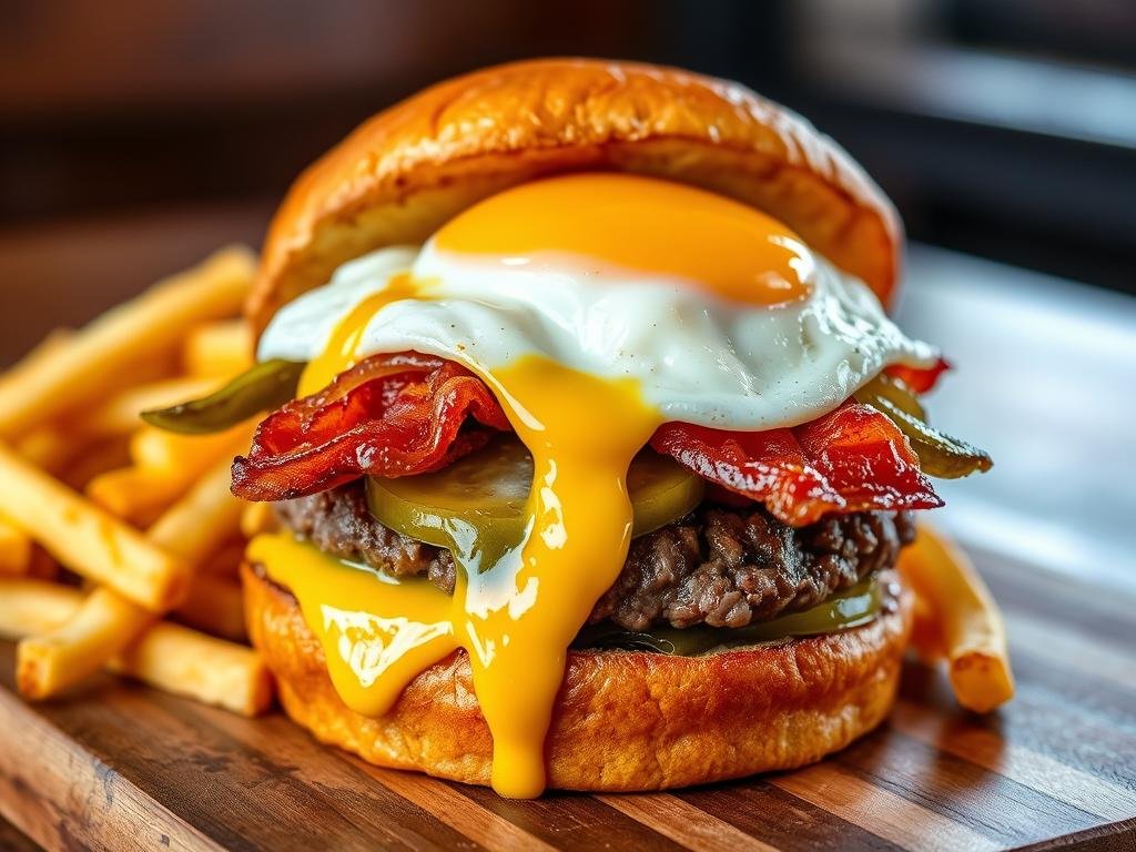 Cowboy Brunch burger from Stanton's City Bites in Houston Texas with fried egg and bacon Cowboy Brunch burger from Stanton's City Bites in Houston Texas with fried egg and bacon