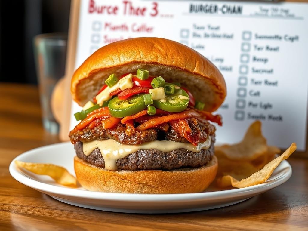 Customized burger from Burger-Chan in Houston Texas with Asian-inspired toppings Customized burger from Burger-Chan in Houston Texas with Asian-inspired toppings