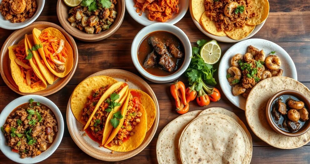 Diverse Mexican dishes including tacos, mole, and seafood specialties from top Los Angeles restaurants