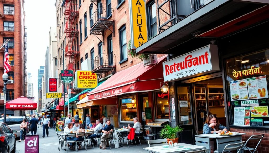 Diverse NYC neighborhood street scene showing local restaurants and best cheap dinner restaurants NYC options
