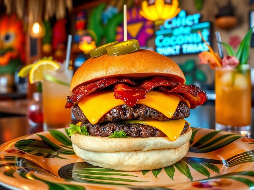 Double-patty cheeseburger from The Toasted Coconut in Houston Texas with bacon jam Double-patty cheeseburger from The Toasted Coconut in Houston Texas with bacon jam