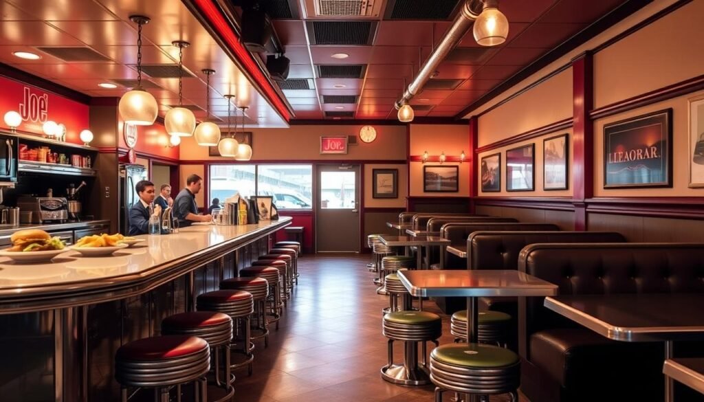 Interior of Joe Jr. Restaurant showing classic diner setting with counter seating and best cheap dinner restaurants NYC menu
