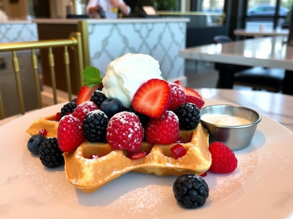 Jack's Wife Freda's rosewater waffles with berries, a best breakfast NYC Mediterranean option Jack's Wife Freda's rosewater waffles with berries, a best breakfast NYC Mediterranean option