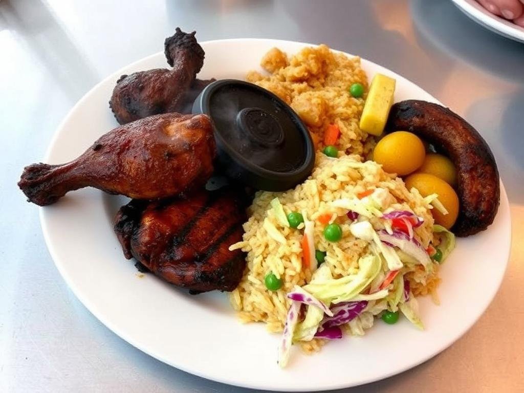 Jerk chicken plate from Peppa's with rice and plantains, showcasing best cheap dinner restaurants NYC Caribbean options