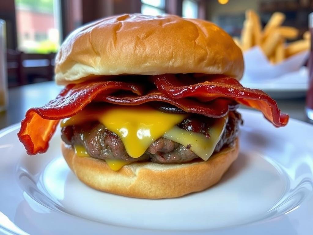 Krug's Tavern bacon cheeseburger with melted cheese on a plate Krug's Tavern bacon cheeseburger with melted cheese on a plate