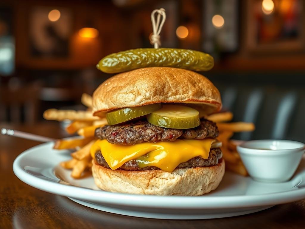 Nancy's Hustle cheeseburger on English muffin with pickles in Houston Texas Nancy's Hustle cheeseburger on English muffin with pickles in Houston Texas