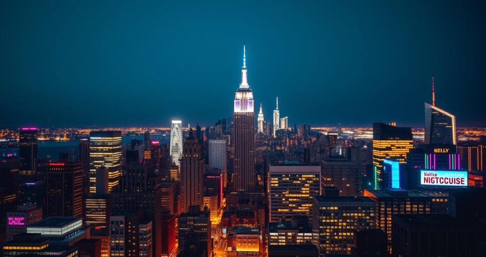 New York City skyline at night with illuminated super clubs in Top 10 super clubs in NYC