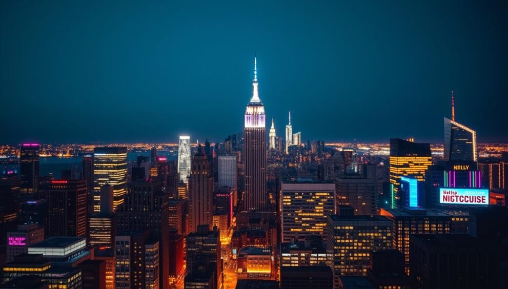 New York City skyline at night with illuminated super clubs in Top 10 super clubs in NYC