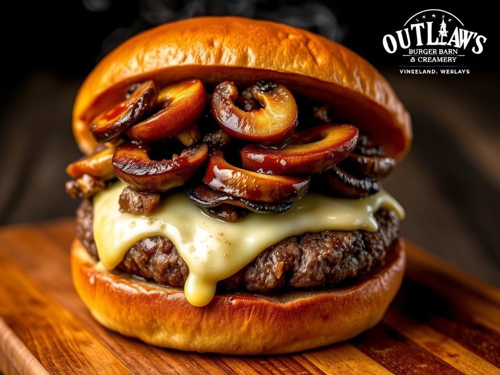 Outlaw's Shroomin' Burger with caramelized mushrooms and fontina cheese Outlaw's Shroomin' Burger with caramelized mushrooms and fontina cheese