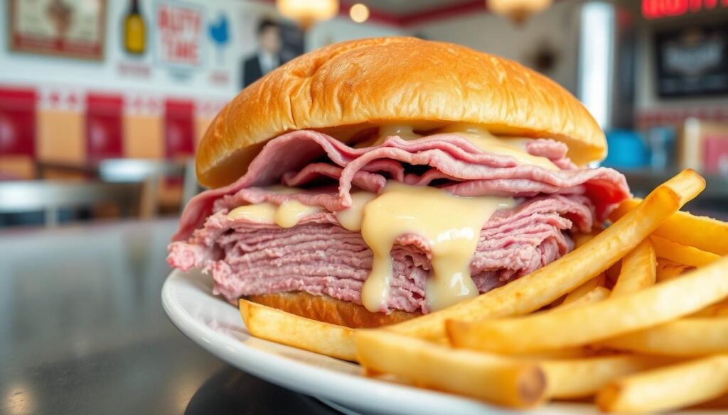Roll-N-Roaster's famous roast beef sandwich with cheese sauce, a best cheap dinner restaurants NYC classic