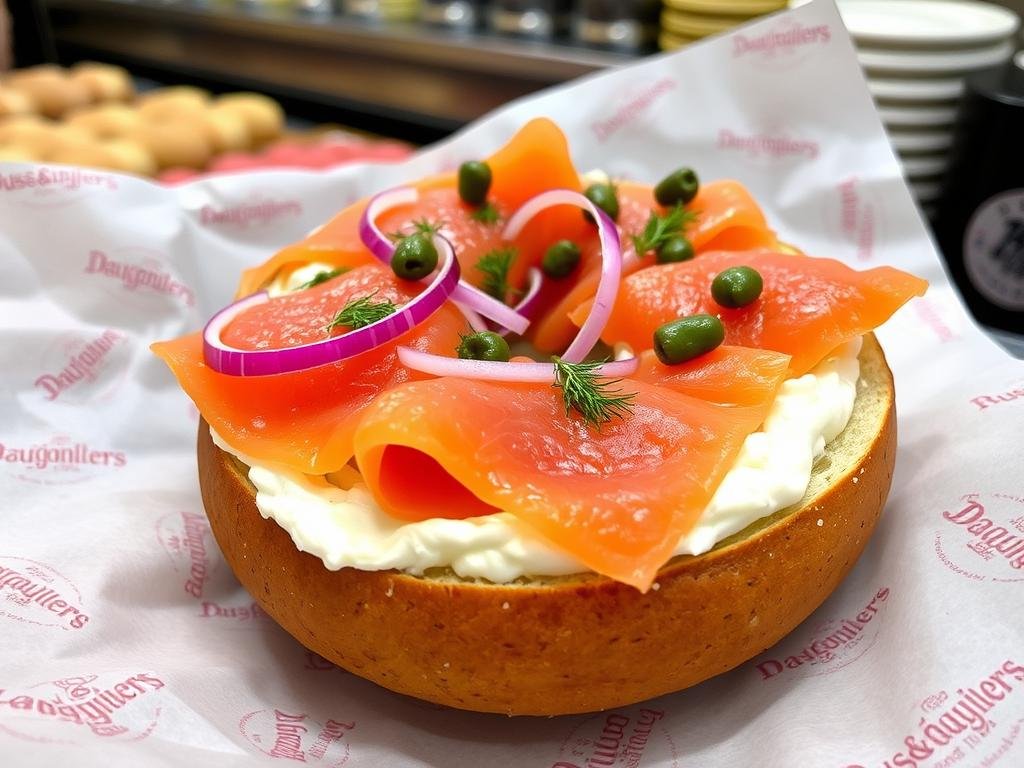 Russ & Daughters' famous bagel with lox and cream cheese, a best breakfast NYC classic Russ & Daughters' famous bagel with lox and cream cheese, a best breakfast NYC classic