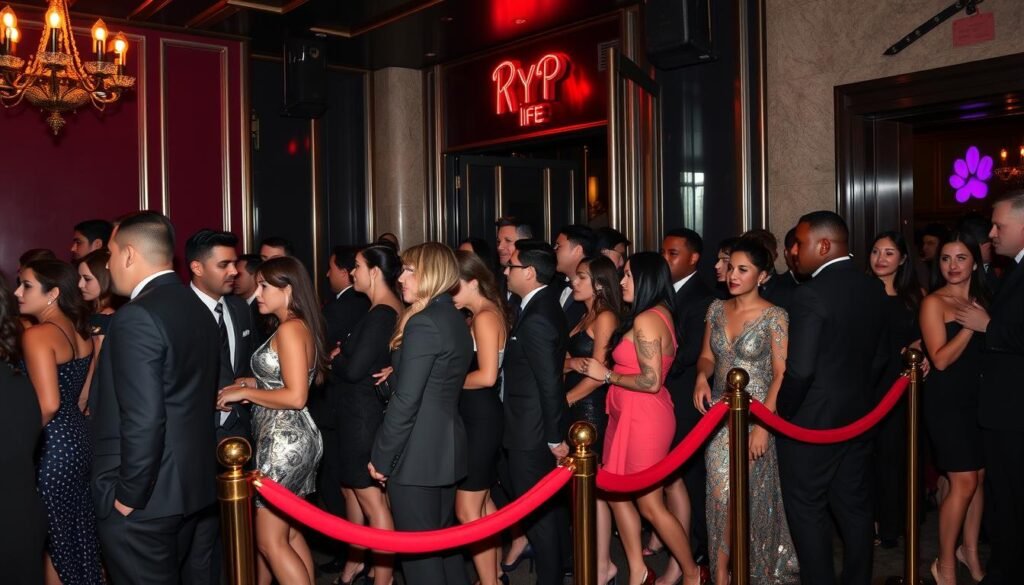 Stylish clubgoers waiting in line outside a Top 10 super club in NYC Stylish clubgoers waiting in line outside a Top 10 super club in NYC