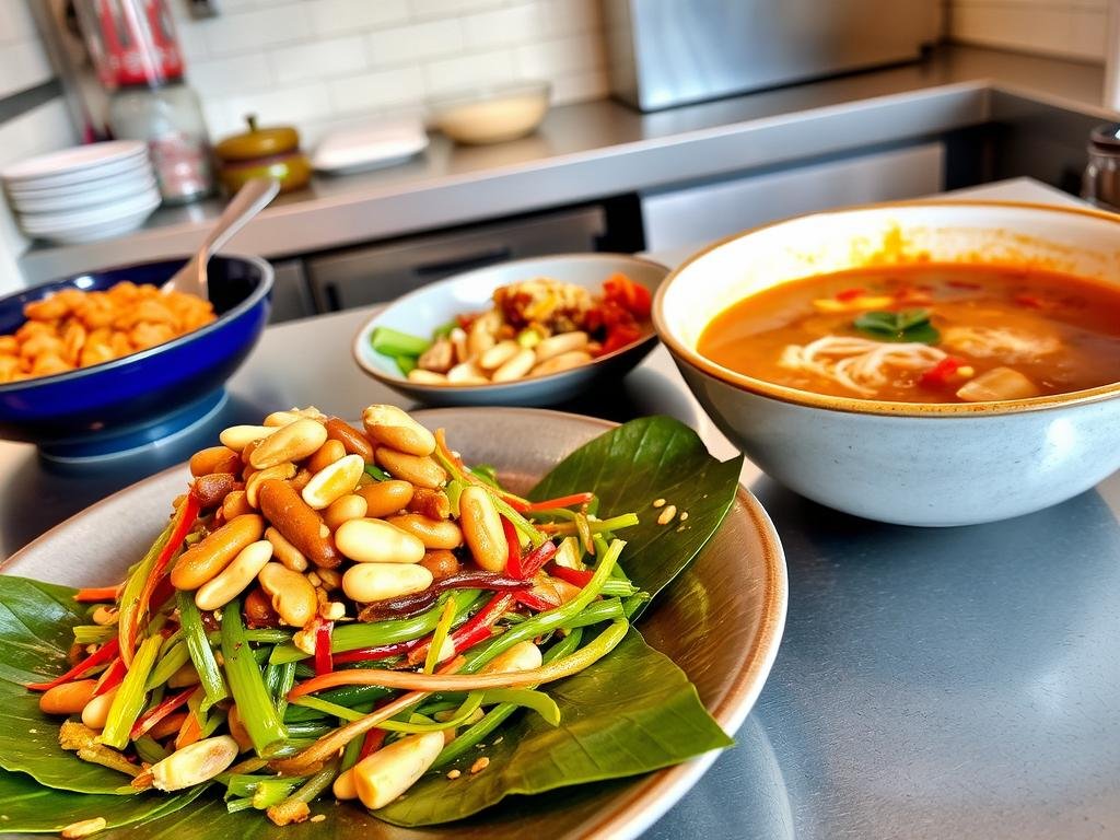 Tea leaf salad and noodle dishes at Little Myanmar, one of the best cheap dinner restaurants NYC for Southeast Asian cuisine