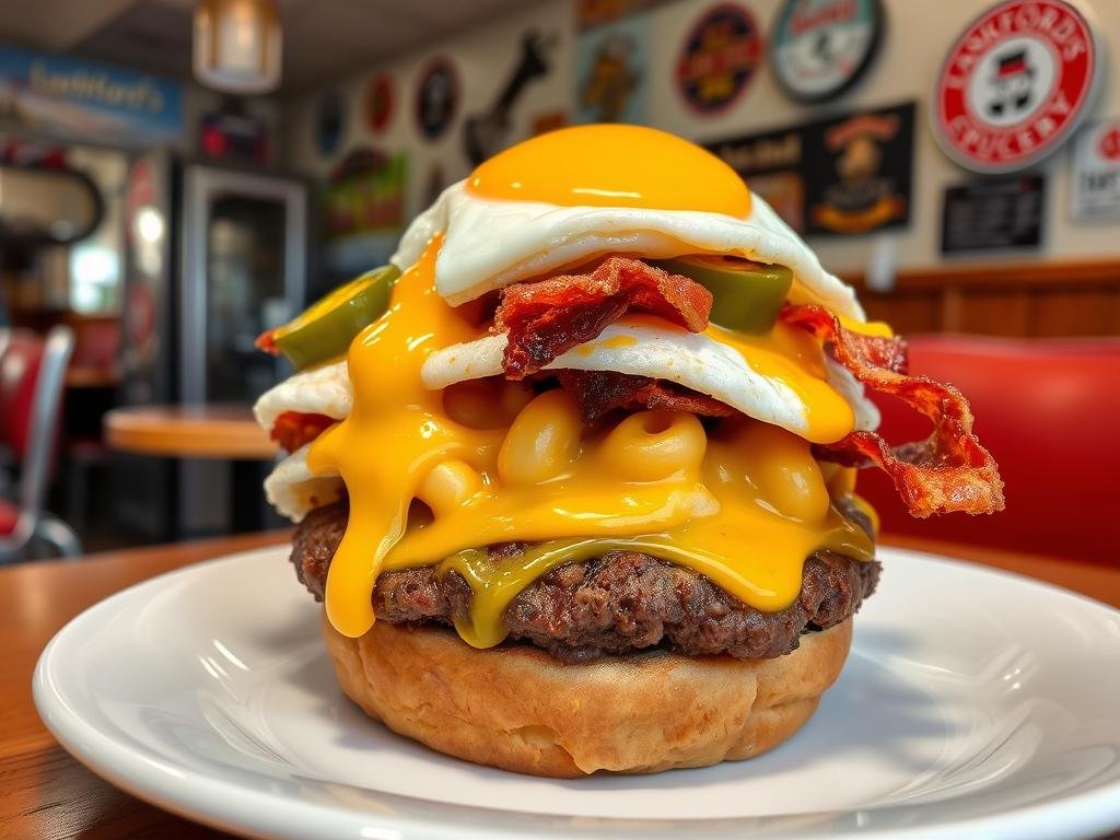 The Grim Burger from Lankford's Grocery in Houston Texas with mac and cheese and egg The Grim Burger from Lankford's Grocery in Houston Texas with mac and cheese and egg