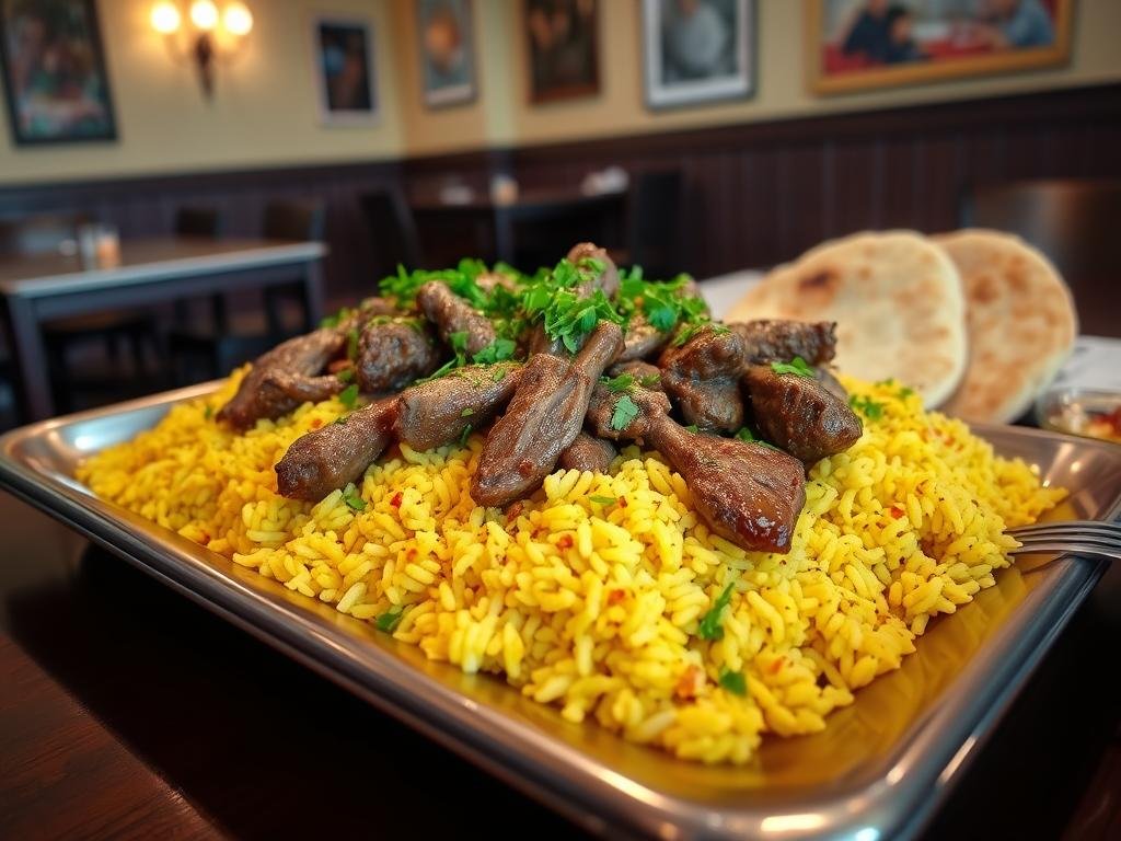 Traditional Yemeni zurbian dish with lamb and rice at Yemeni Restaurant, one of the best cheap dinner restaurants NYC