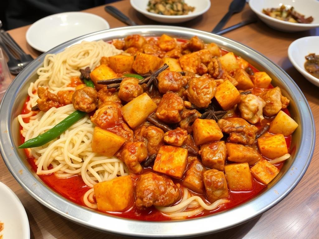 Uyghur big tray chicken with hand-pulled noodles at Tengri Tagh, representing best cheap dinner restaurants NYC international options