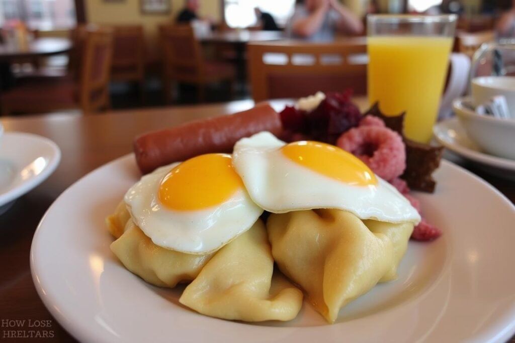 Veselka's breakfast pierogi topped with eggs, a unique best breakfast NYC option Veselka's breakfast pierogi topped with eggs, a unique best breakfast NYC option