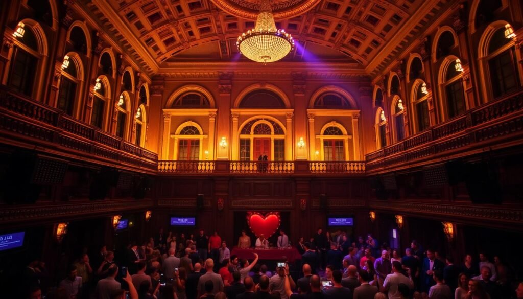 Webster Hall Grand Ballroom during a nightclub event in Top 10 super clubs in NYC Webster Hall Grand Ballroom during a nightclub event in Top 10 super clubs in NYC