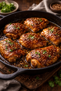 Honey garlic chicken thighs, sticky honey garlic chicken, chicken thigh recipe, honey garlic glaze, one pan chicken thighs, easy chicken dinner, sweet and savory chicken, weeknight chicken recipe