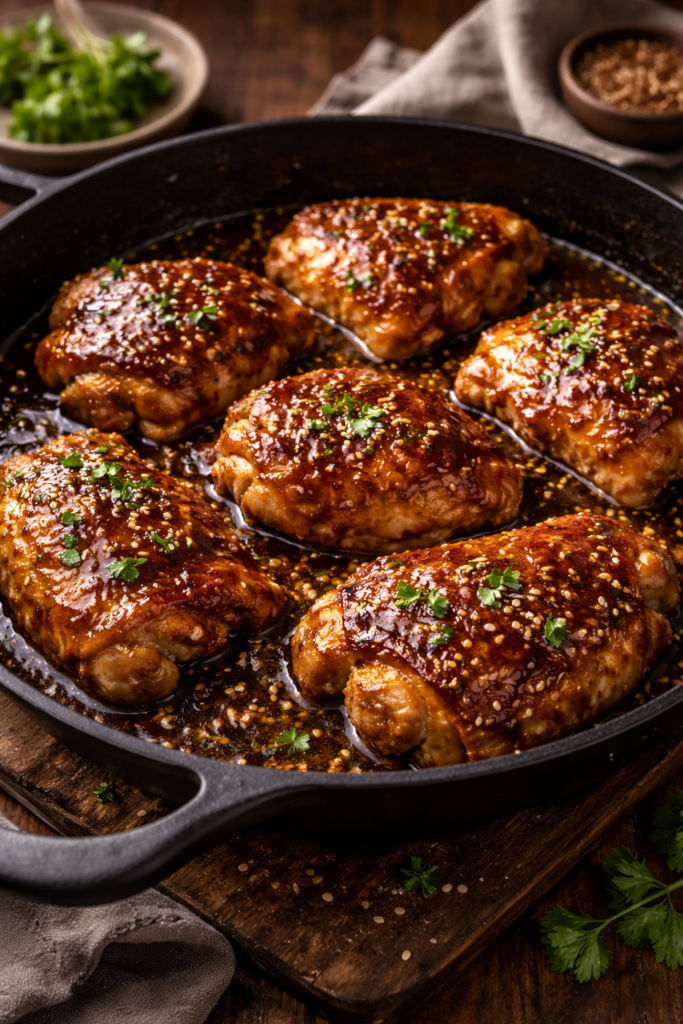Honey garlic chicken thighs, sticky honey garlic chicken, chicken thigh recipe, honey garlic glaze, one pan chicken thighs, easy chicken dinner, sweet and savory chicken, weeknight chicken recipe