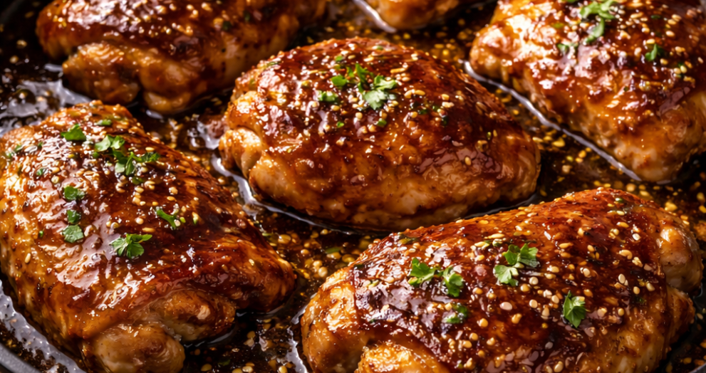 Honey garlic chicken thighs, sticky honey garlic chicken, chicken thigh recipe, honey garlic glaze, one pan chicken thighs, easy chicken dinner, sweet and savory chicken, weeknight chicken recipe