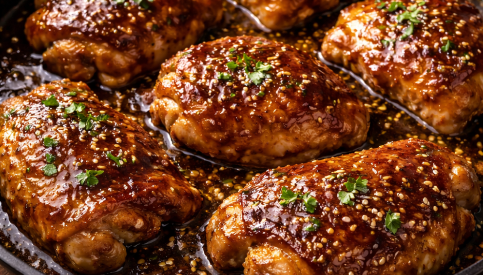 Honey garlic chicken thighs, sticky honey garlic chicken, chicken thigh recipe, honey garlic glaze, one pan chicken thighs, easy chicken dinner, sweet and savory chicken, weeknight chicken recipe
